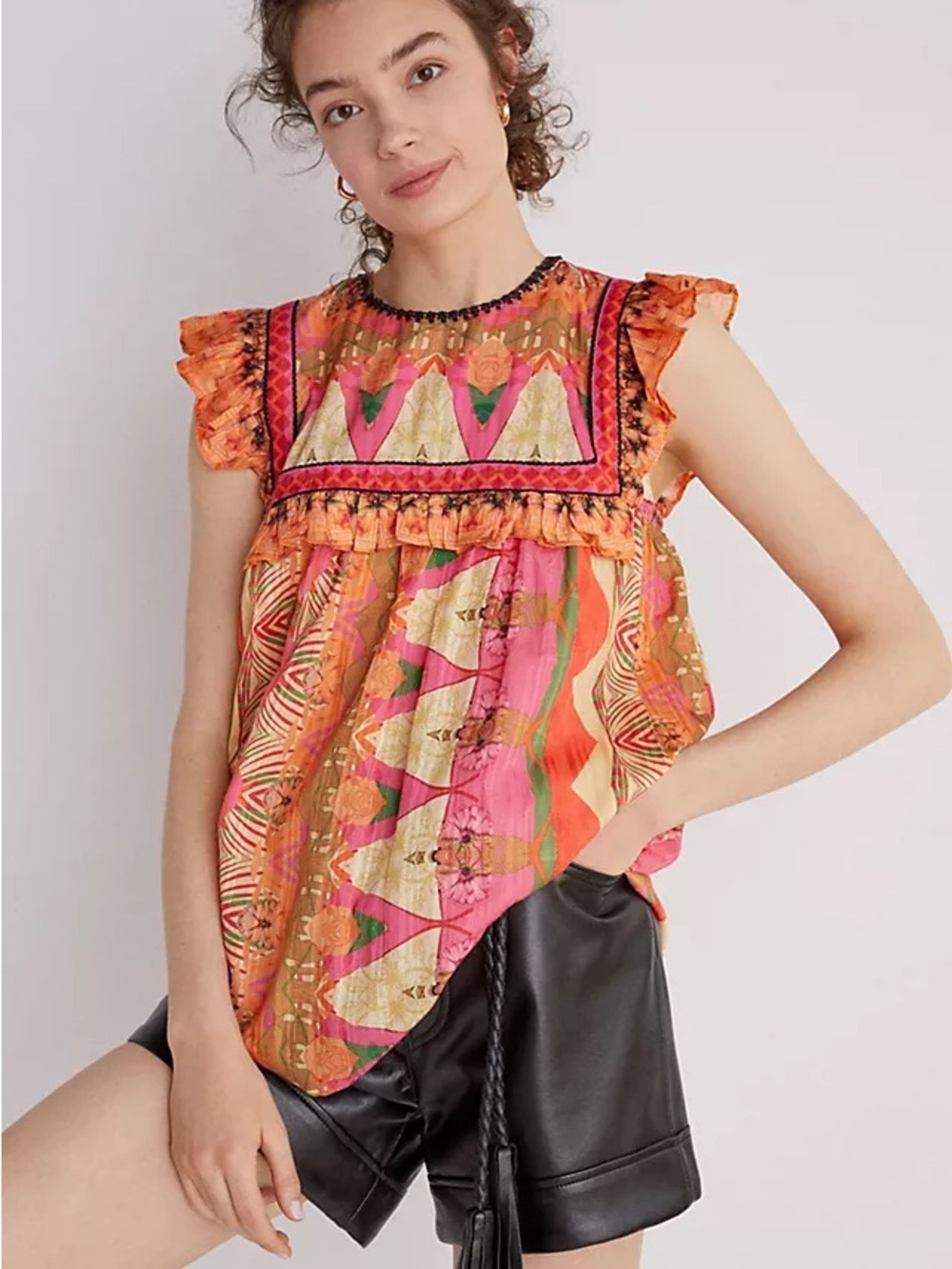 Anthropologie Siddhartha Bansal Pink Orange Printed Ruffle Top - Picture 2 of 6